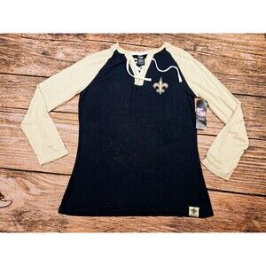 NWT $50 New Orleans Saints NFL Women's Jr L Long Sleeve Jersey Beige Black READ!